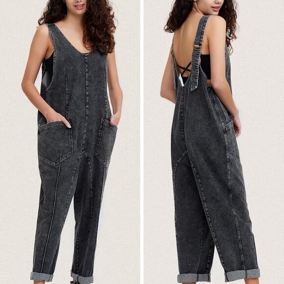 Womens High Roller Denim Bib Jumpsuits Casual Loose Sleeveless Baggy Overalls Je - Picture 4 of 5